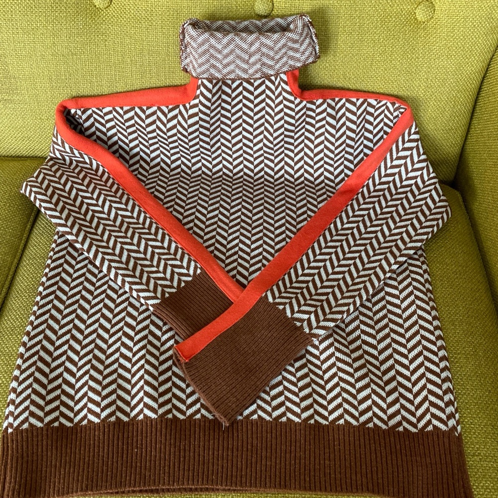 Women’s Pullover Sweater Size S Brown White Orange HighNeck Classic Herringbone - Picture 5 of 11